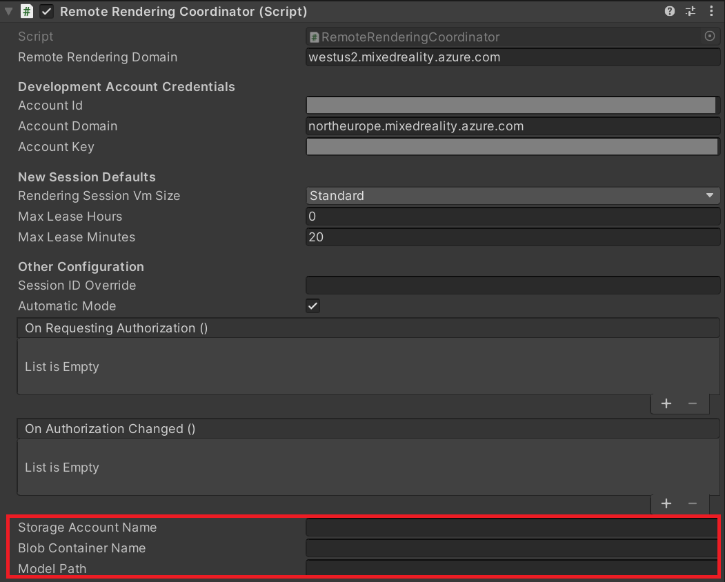 RemoteRenderingCoordinator コンポーネントのストレージ アカウント名、BLOB コンテナー名、およびモデル パスが強調表示されているスクリーンショット。