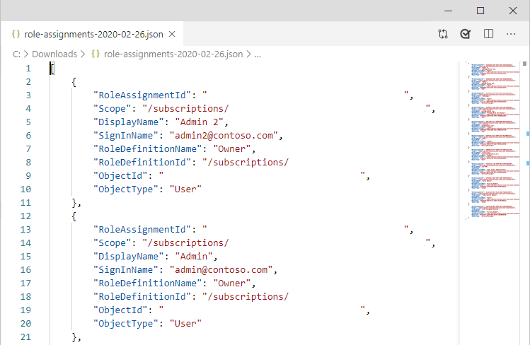 ダウンロードされた JSON 形式のロールの割り当てのスクリーンショット。