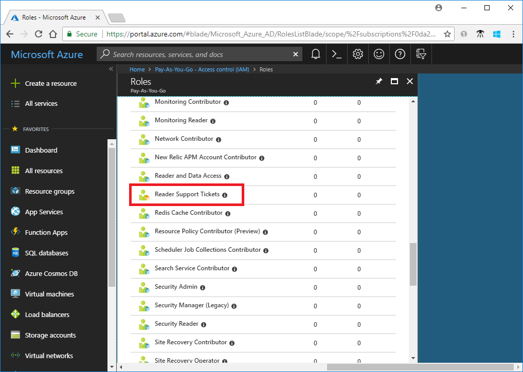 Azure Portal にインポートされたカスタム ロールのスクリーンショット