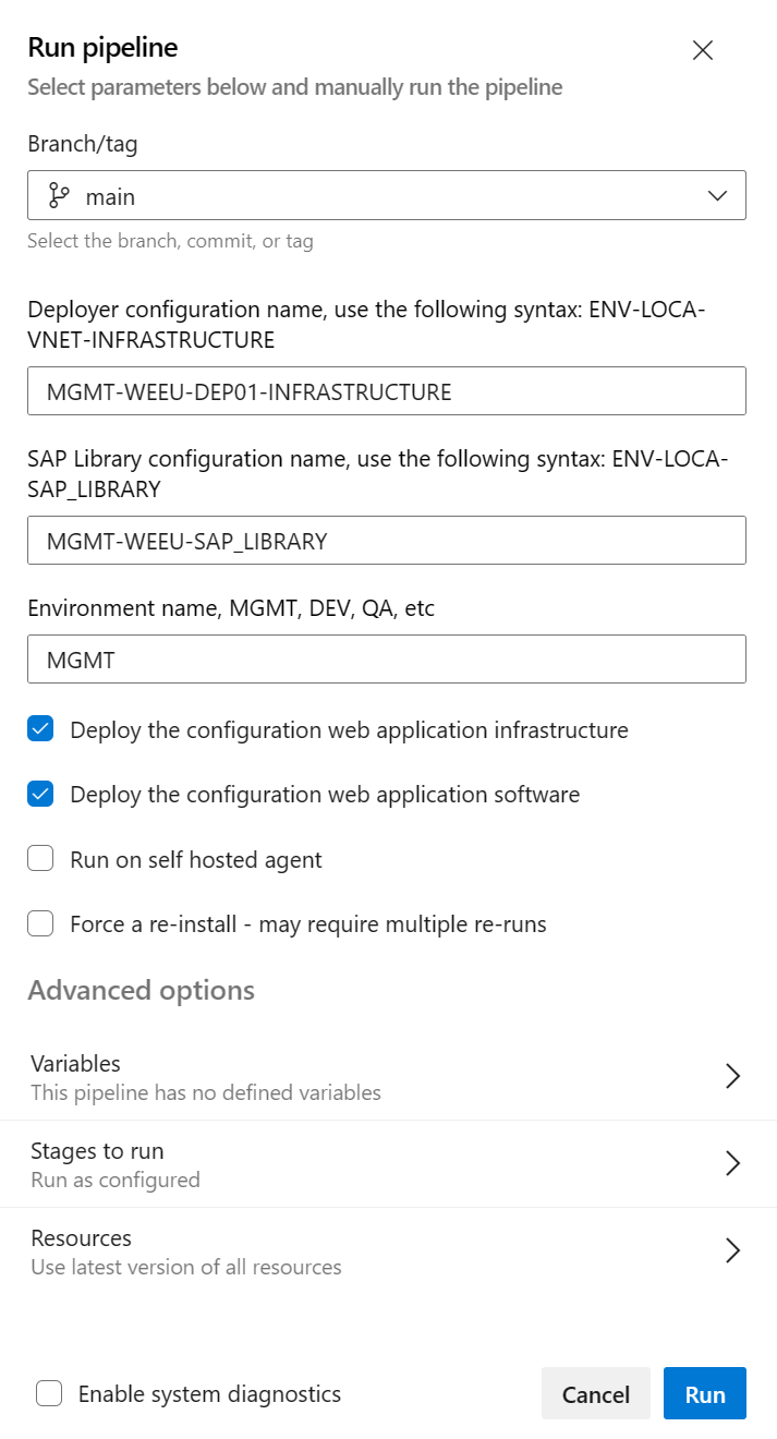 Screenshot that shows the Azure DevOps Run pipeline dialog.