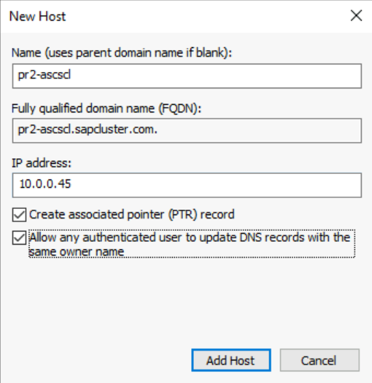 SAP ASCS/SCS クラスターの仮想名と IP アドレスの DNS エントリを定義するためのオプションを示すスクリーンショット。