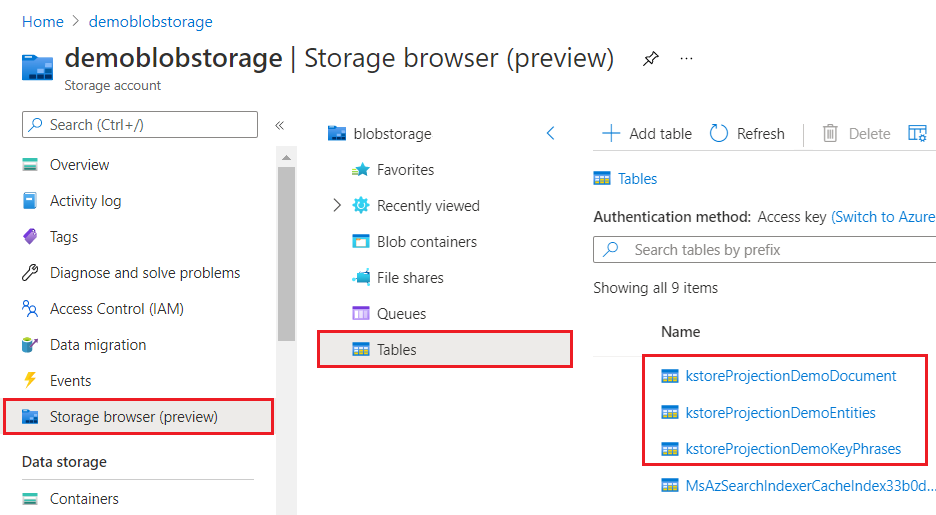 Azure Storage 内で表されるプロジェクション