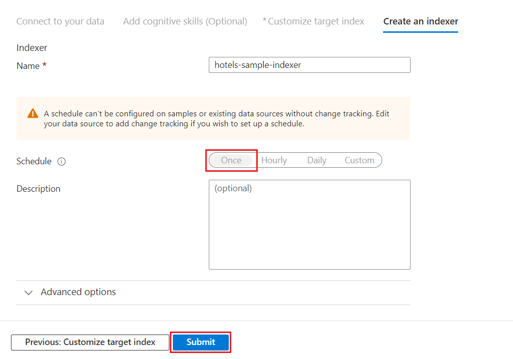 [データのインポート] ウィザードで [hotels-sample] データ ソースのインデクサーを構成する方法を示すスクリーンショット。