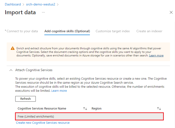 [Azure AI サービスをアタッチする] タブのスクリーンショット。