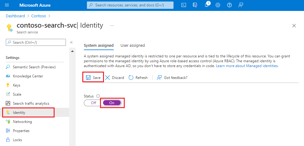 [システム割り当てマネージド ID] をオンにしているスクリーンショット。