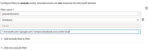 AMA コネクタ経由の Windows DNS のドメインを除外するスクリーンショット。