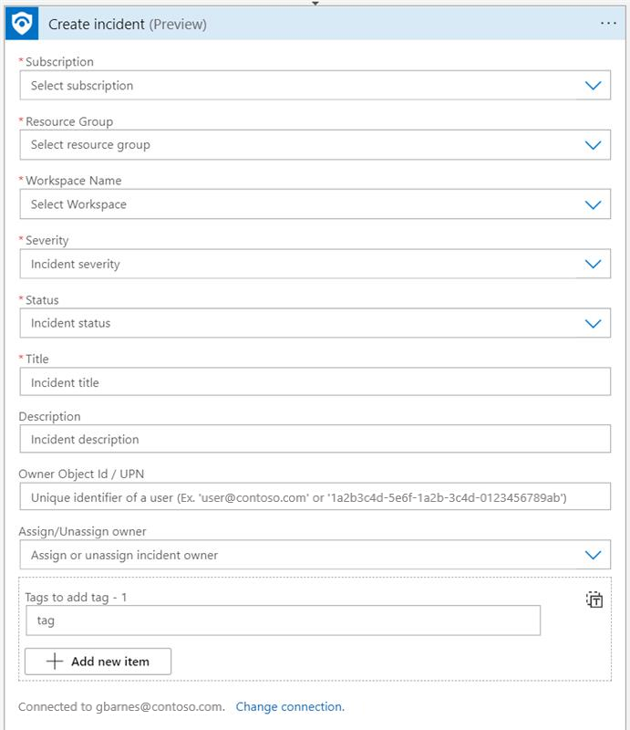 Microsoft Sentinel コネクタでのインシデント アクション パラメーターの作成のスクリーンショット。