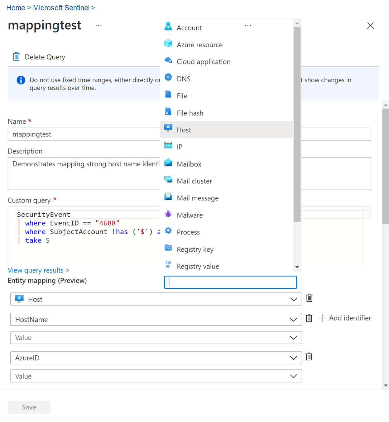 ハンティング クエリでのエンティティ型のマッピングのスクリーンショット。