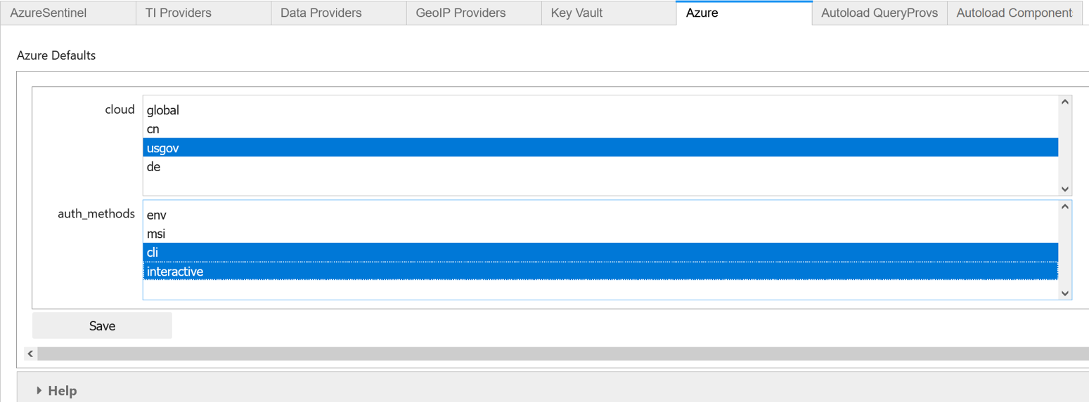 Azure Government クラウド用に定義された設定のスクリーンショット。