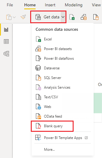 Power BI Desktop の [データの取得] の下の [空のクエリ] を選択したところを示すスクリーンショット。