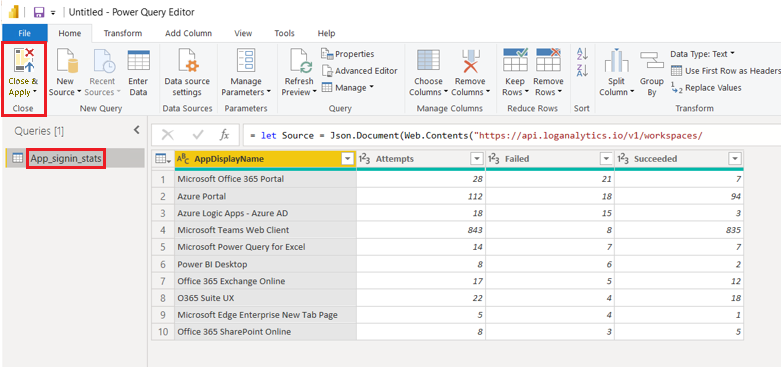 名前が変更されたクエリと [Power Query エディター] の [閉じて適用] コマンドを示すスクリーンショット。