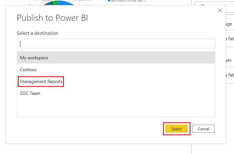 公開先の Power BI の [管理レポート] ワークスペースが選択されていることを示すスクリーンショット。