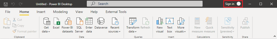 Power BI Desktop へのサインインを示すスクリーンショット。