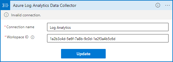 Log Analytics のワークスペース ID とキーとその他の接続の詳細を入力する方法を示すスクリーンショット。