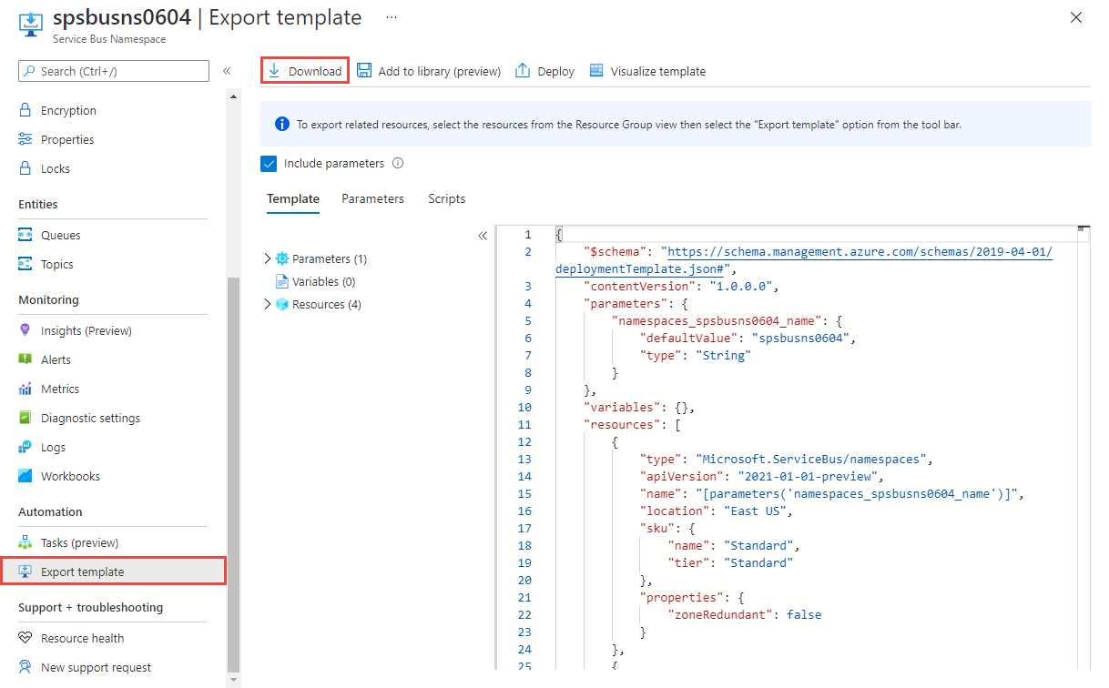 Resource Manager テンプレートをダウンロードする