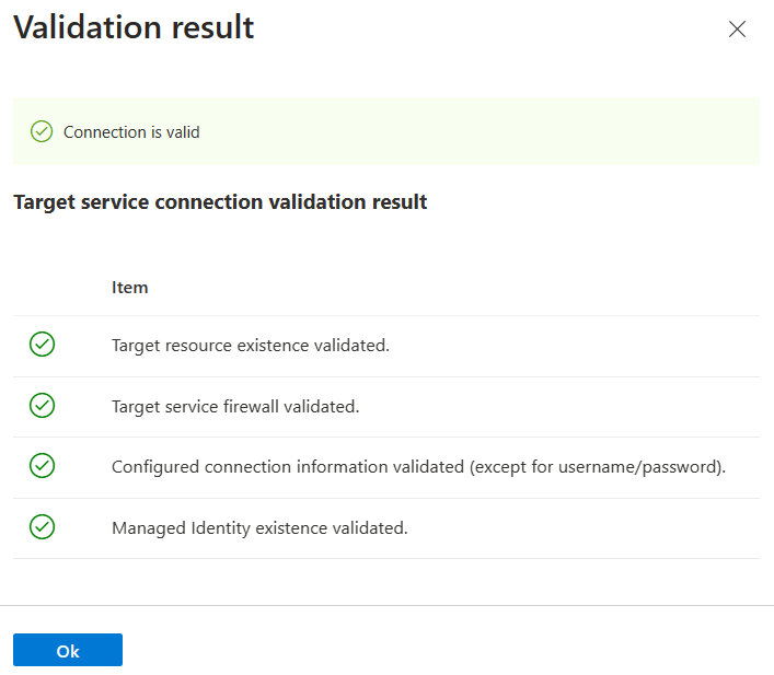 接続の検証結果を取得している、Azure portal のスクリーンショット。