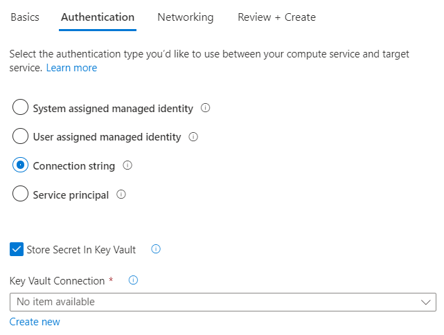 接続文字列で認証する基本的な認証構成を示す Azure portal のスクリーンショット。