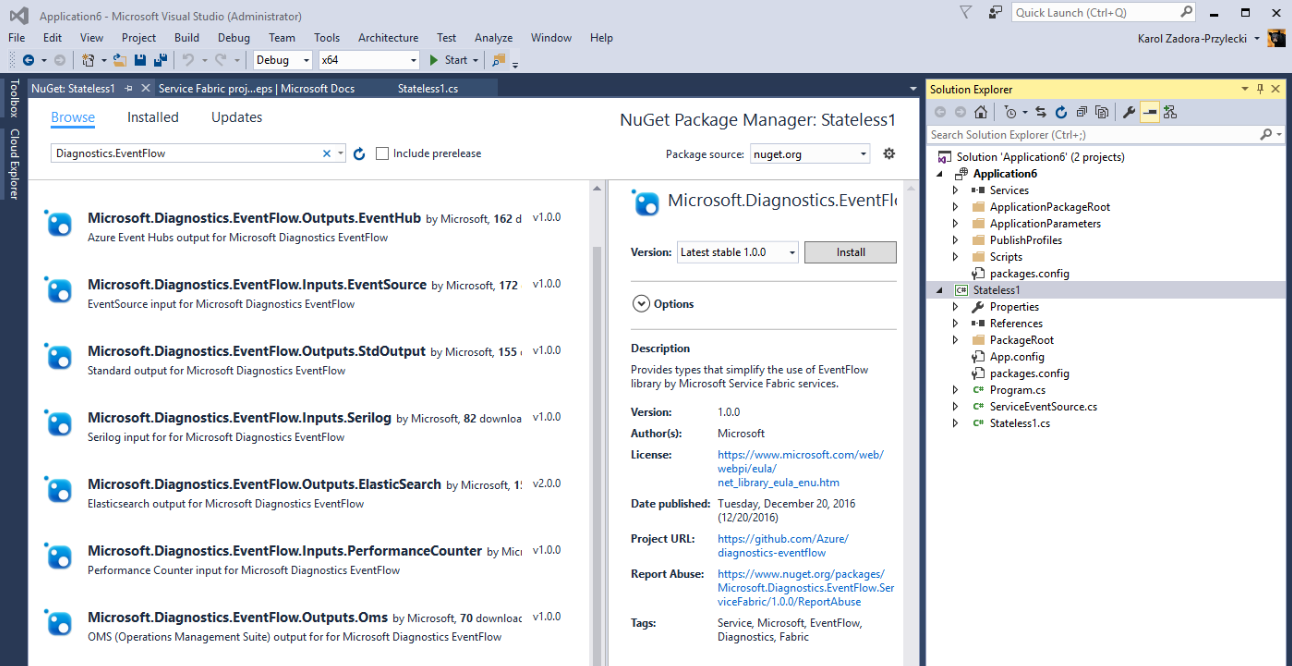 Visual Studio の NuGet パッケージ マネージャー UI での EventFlow NuGet パッケージ