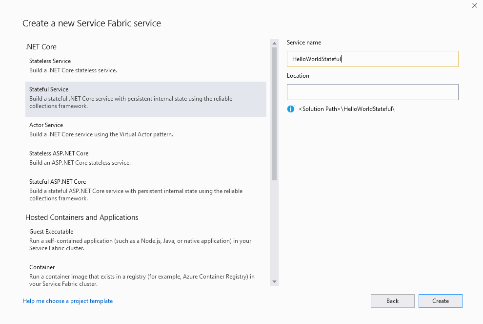 [新しいプロジェクト] ダイアログを使用して新しい Service Fabric のステートフル サービスを作成する