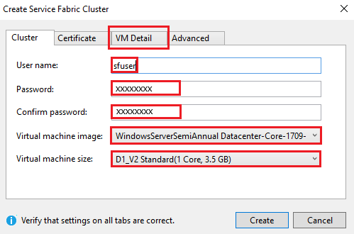 [Service Fabric クラスターの作成] ダイアログの [VM の詳細] タブを示すスクリーンショット。