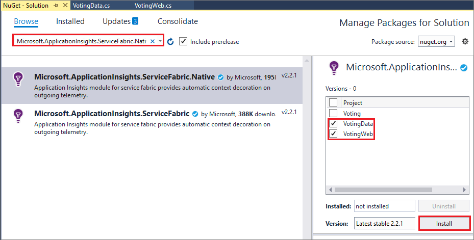 NuGet の Application Insights SDK を示すスクリーンショット。