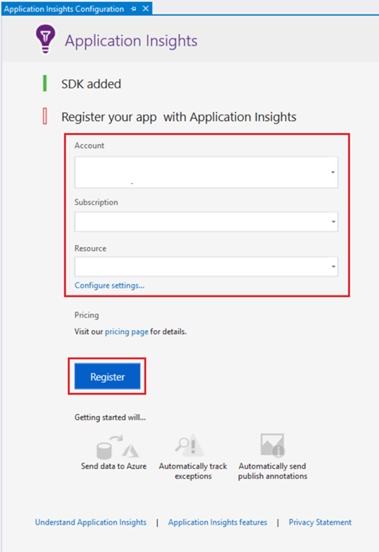 Application Insights の登録方法を示すスクリーンショット。