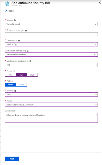 Microsoft Entra ID のネットワーク セキュリティ グループの [送信セキュリティ規則の追加] を示すスクリーンショット。