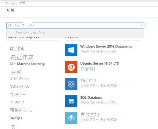 Azure portal の [新しいリソース] ページでの「プライベート DNS ゾーン」の検索が表示されています。