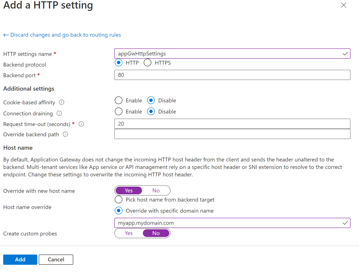 Azure portal の [HTTP 設定の追加] ページのスクリーンショット。