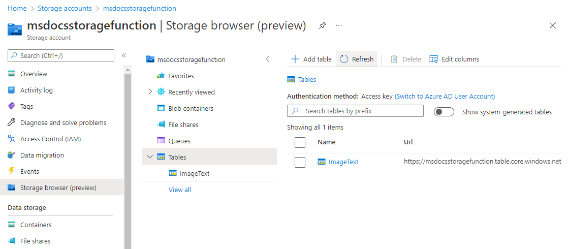 Azure Table Storage でのテキスト エントリを示すスクリーンショット。