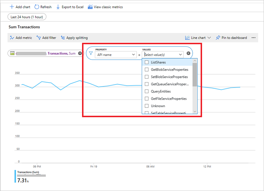 Azure Portal におけるディメンションでのメトリック アクセスのスクリーンショット