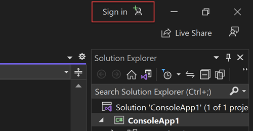 Visual Studio を使って Azure にサインインするボタンを示すスクリーンショット。