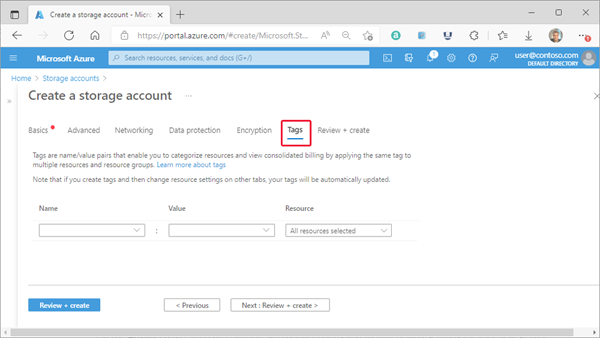 新しいストレージ アカウントの標準構成を示すスクリーンショット - [タグ] タブ。