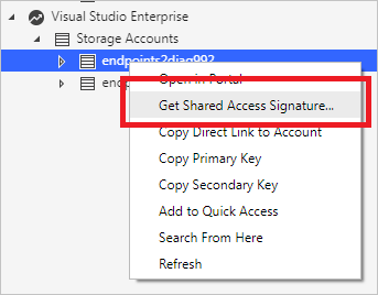 [Shared Access Signature の取得] コンテキスト メニューのオプション