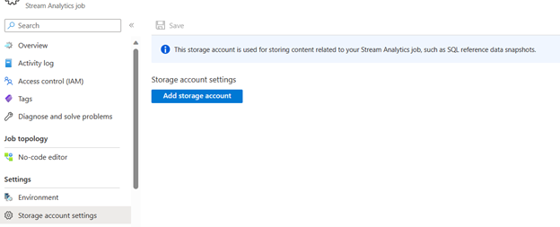 Stream Analytics ジョブの [ストレージ アカウントの設定] ページのスクリーンショット。