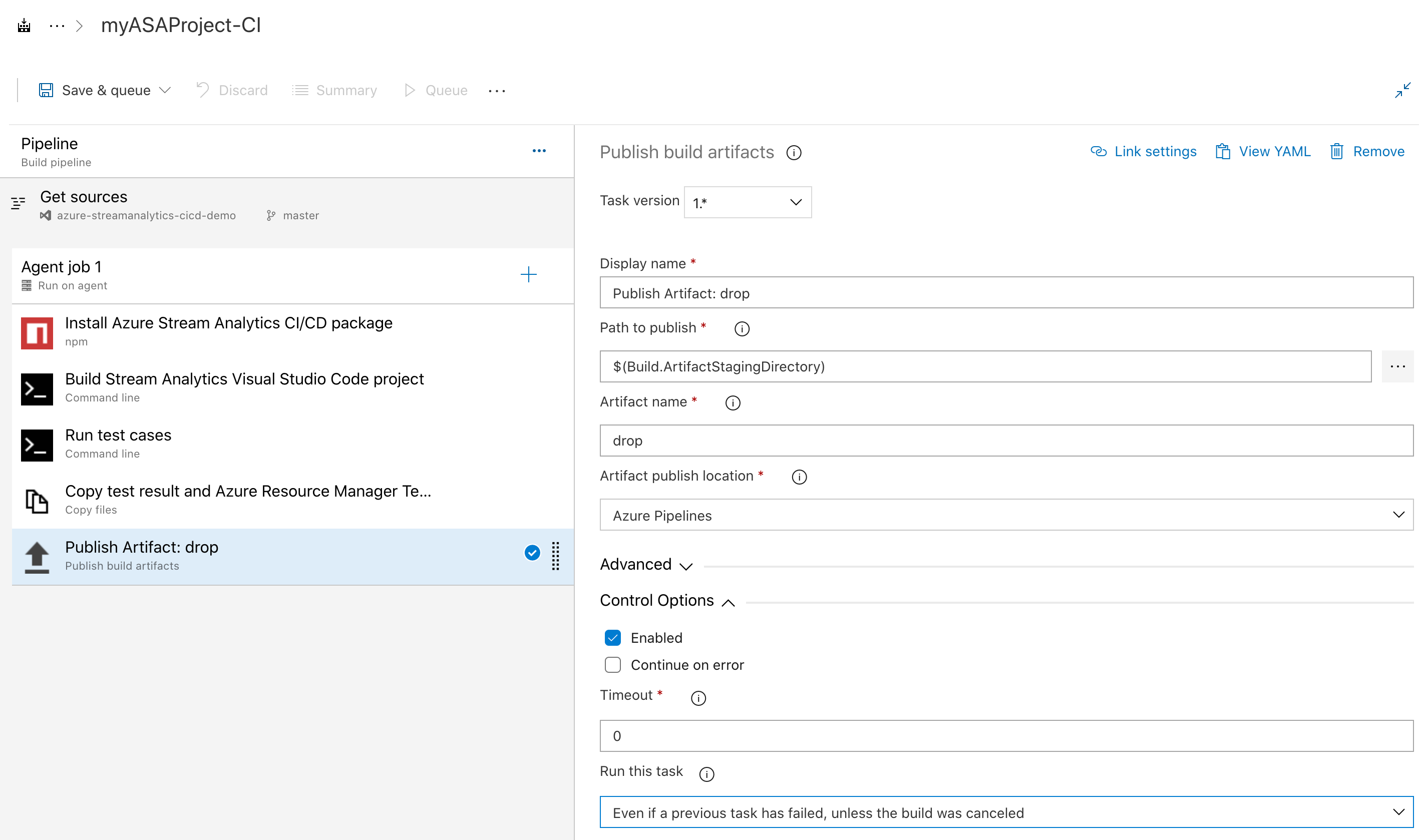 Enter configurations for publish task