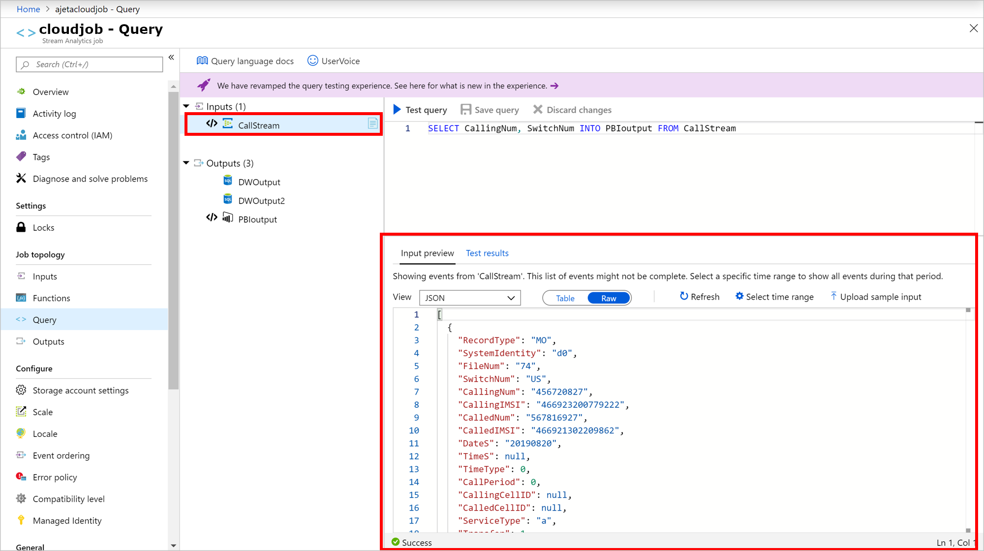 未加工の形式の Azure Stream Analytics のサンプル入力