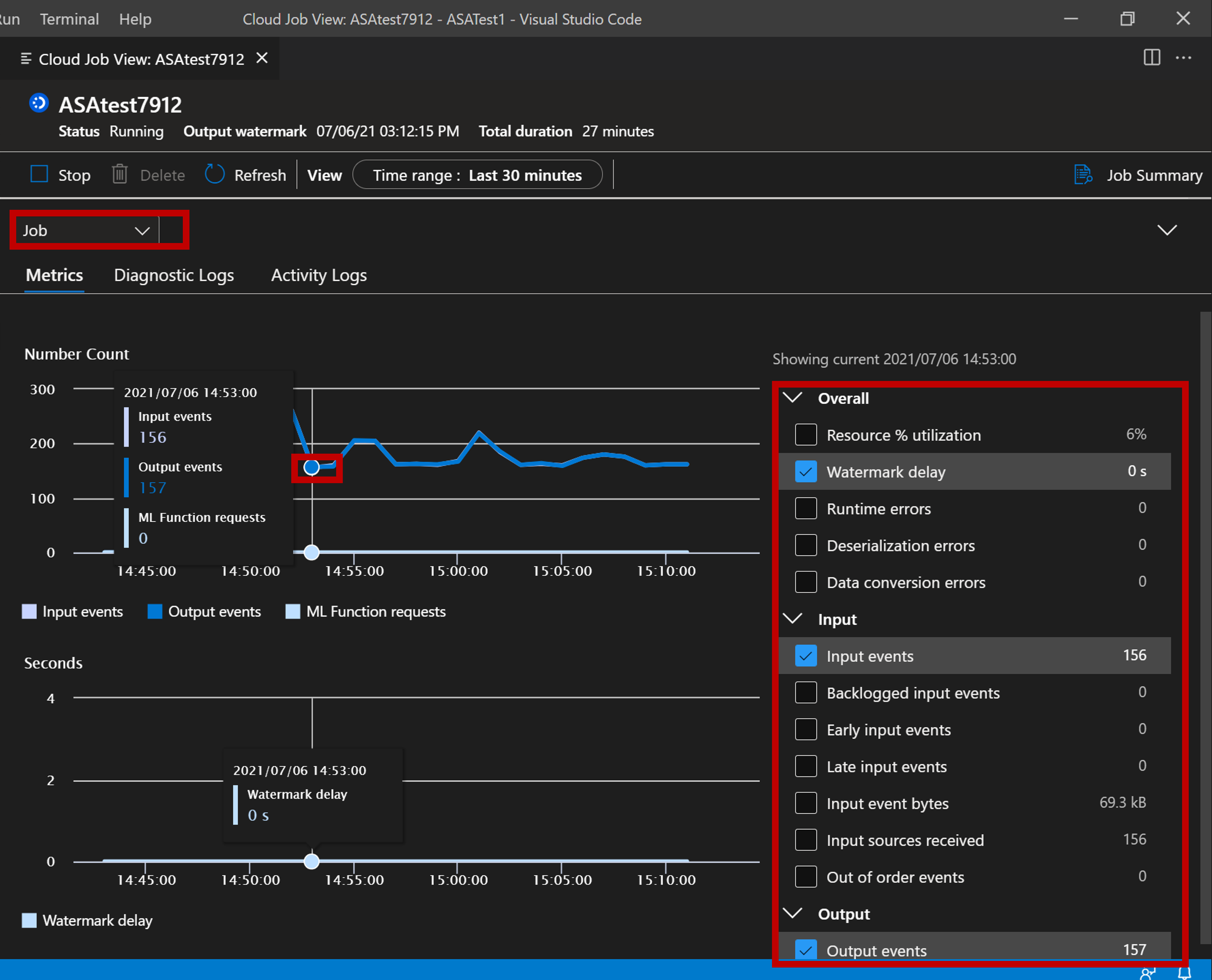 ジョブ メトリックが表示されている、VSCode 拡張機能のスクリーンショット。