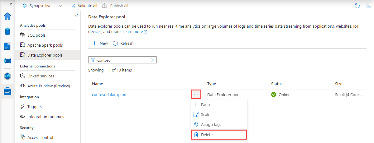 最近作成されたプールが選択されている Azure Data Explorer プールの一覧。