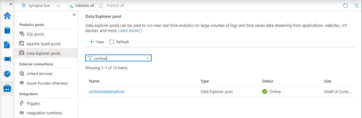 Synapse Studio の Azure Data Explorer プールの新しい一覧