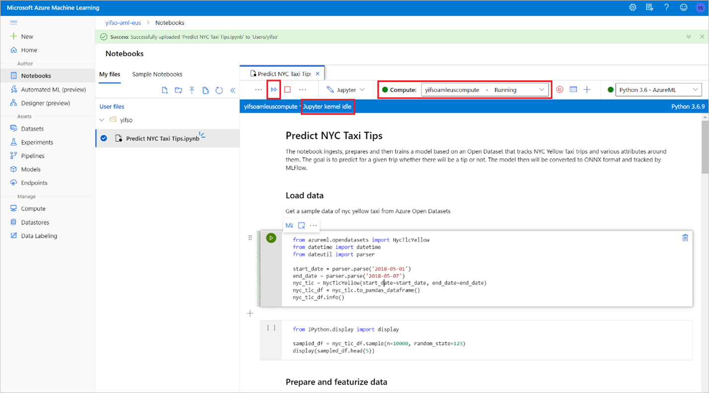 Azure Machine Learning コンピューティングの確認を示すスクリーンショット。