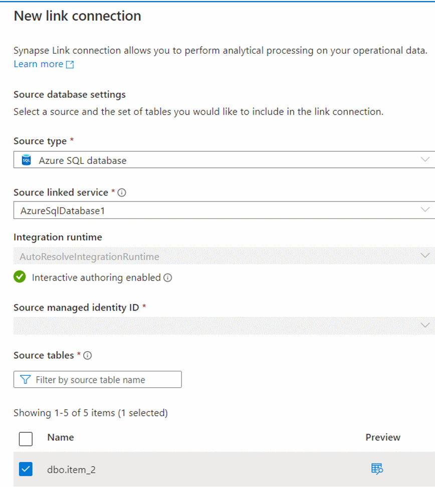 Azure SQL データベースからリンク接続を作成する方法を示すスクリーンショット。