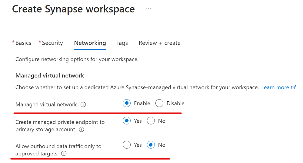 送信トラフィックを許可する Azure Synapse ワークスペースを作成する方法を示すスクリーンショット。