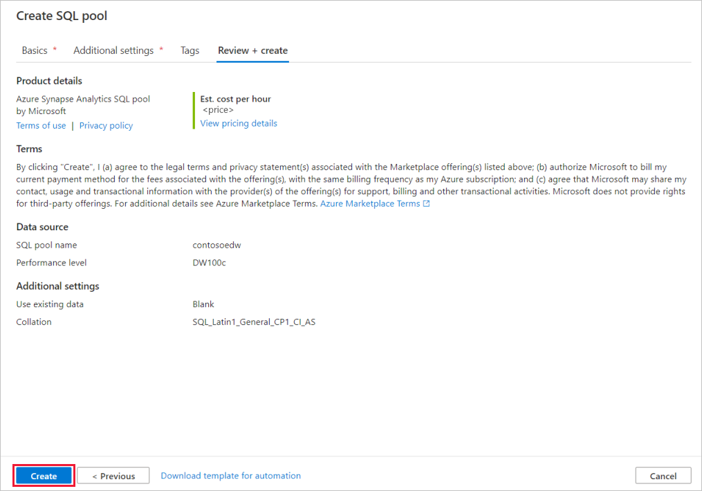 SQL プールの作成フロー - 設定確認のタブのスクリーンショット。
