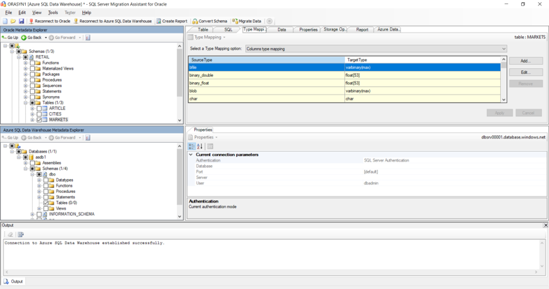 SQL Server Migration Assistant for Oracle を使用してテーブルを既存の Oracle 環境から Azure Synapse に移行する方法を示すスクリーンショット。