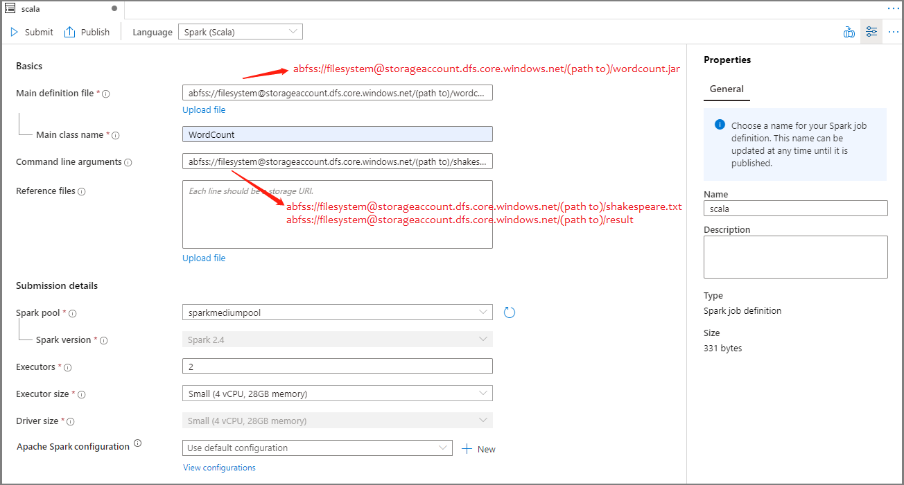 Scala 用の Spark ジョブ定義の値の設定