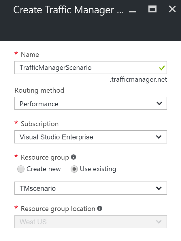 [Create Traffic Manager profile (Traffic Manager プロファイルの作成)] ブレード