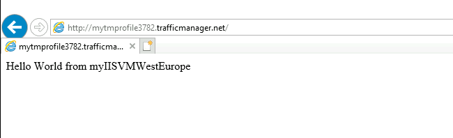 西ヨーロッパの場合に Web ブラウザーで Traffic Manager プロファイルを表示する画面のスクリーンショット。