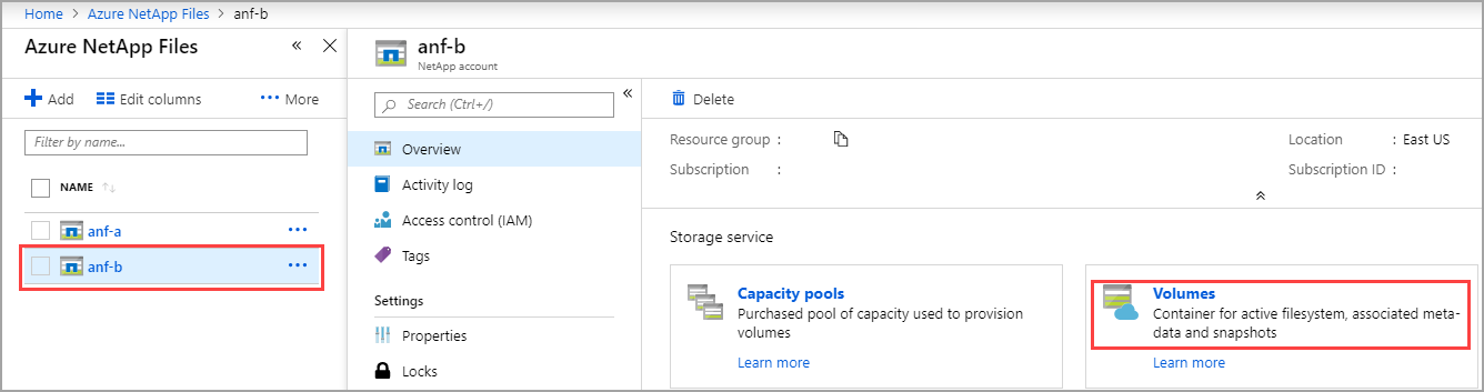 Azure portal 内で前に設定した NetApp アカウントを示す、[ボリューム] ボタンが選択された状態のスクリーンショット。