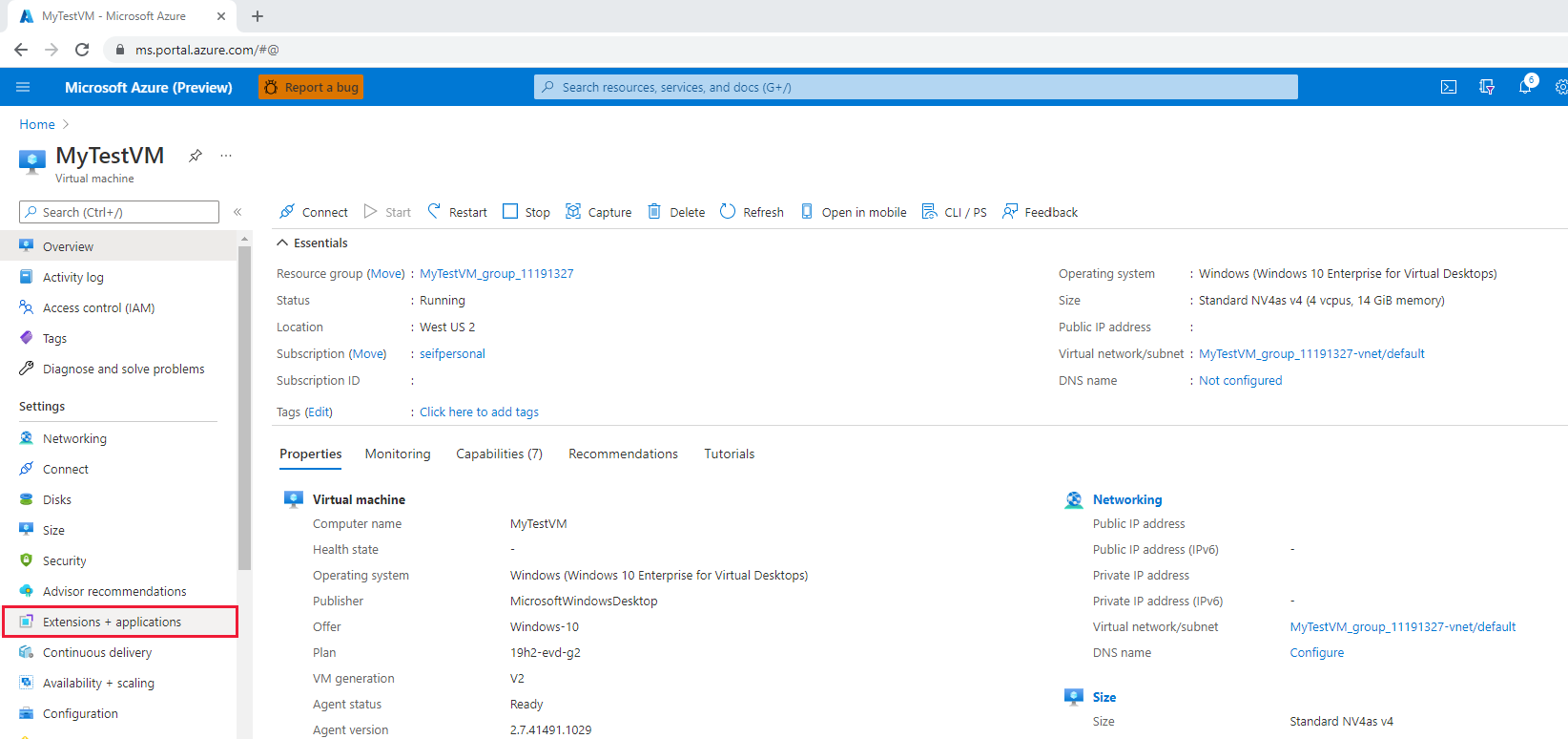 Azure portal のメニューで [拡張機能] を選択する場面のスクリーンショット。